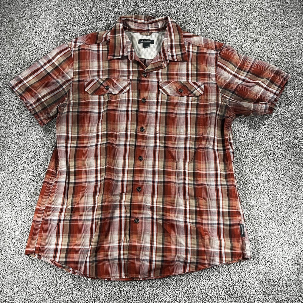 Eddie Bauer Mens Large Orange Plaid Short Sleeve Button Down Hiking Shirt - Picture 1 of 7